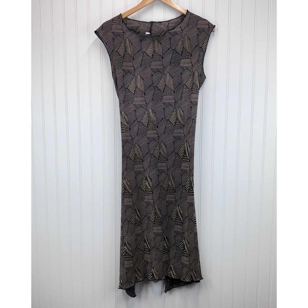 Dressbarn Midi Dress‎ Womens 10 Black Tan Geometric Pleated Abstract Modern